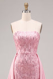 Strapless Pink Bodycon Sequins Homecoming Dress with Sash