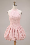 Halter Neck Pink A-Line Floral Corset Jacquard Beaded Homecoming Dress