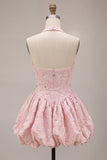 Halter Neck Pink A-Line Floral Corset Jacquard Beaded Homecoming Dress