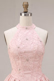 Halter Neck Pink A-Line Floral Corset Jacquard Beaded Homecoming Dress