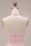 Halter Neck Pink A-Line Floral Corset Jacquard Beaded Homecoming Dress