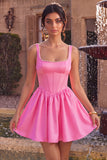 Pink A-Line Corset Square Neck Satin Pearl Short Homecoming Dress