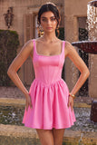 Pink A-Line Corset Square Neck Satin Pearl Short Homecoming Dress