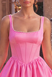 Pink A-Line Corset Square Neck Satin Pearl Short Homecoming Dress