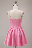 Pink A-Line Corset Square Neck Satin Pearl Short Homecoming Dress