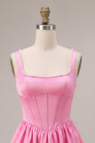 Pink A-Line Corset Square Neck Satin Pearl Short Homecoming Dress