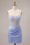 Sky Blue Strapless Satin Ruched Pearl Short Homecoming Dress