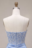 Sky Blue Strapless Satin Ruched Pearl Short Homecoming Dress