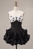 Black Satin A-Line Strapless Tiered Ruffle Corset Homecoming Dress with Lace Up Back