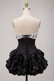 Black Satin A-Line Strapless Tiered Ruffle Corset Homecoming Dress with Lace Up Back