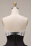 Black Satin A-Line Strapless Tiered Ruffle Corset Homecoming Dress with Lace Up Back
