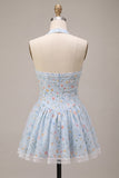 Sky Blue A-Line Halter Neck Corset Floral Short Homecoming Dress with Ruffles