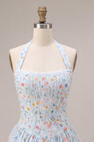Sky Blue A-Line Halter Neck Corset Floral Short Homecoming Dress with Ruffles