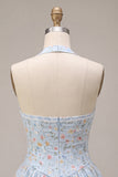 Sky Blue A-Line Halter Neck Corset Floral Short Homecoming Dress with Ruffles