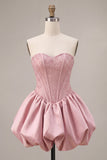 A-Line Pink Strapless Corset Satin Homecoming Dress with Beading