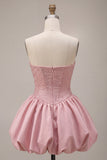 A-Line Pink Strapless Corset Satin Homecoming Dress with Beading