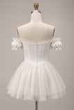 Ivory Off the Shoulder A-Line Corset Satin Homecoming Dress with Ruffles