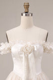 Ivory Off the Shoulder A-Line Corset Satin Homecoming Dress with Ruffles