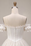 Ivory Off the Shoulder A-Line Corset Satin Homecoming Dress with Ruffles