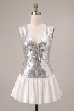 Sparkly Silver A-Line Sequins V-Neck Homecoming Dress with Ruffles