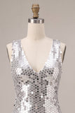 Sparkly Silver A-Line Sequins V-Neck Homecoming Dress with Ruffles