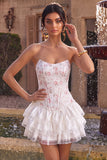 White Pink Flower Corset Sweetheart Tiered Ruffle Homecoming Dress