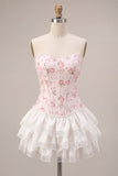 White Pink Flower Corset Sweetheart Tiered Ruffle Homecoming Dress