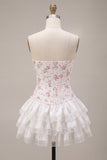 White Pink Flower Corset Sweetheart Tiered Ruffle Homecoming Dress