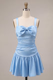 Sky Blue Satin A-Line Square Neck Short Homecoming Dress with Bow