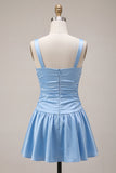 Sky Blue Satin A-Line Square Neck Short Homecoming Dress with Bow