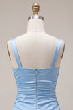 Sky Blue Satin A-Line Square Neck Short Homecoming Dress with Bow