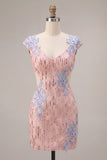 Pink V-Neck Bodycon Sequins Floral Cut Out Homecoming Dress