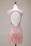 Pink V-Neck Bodycon Sequins Floral Cut Out Homecoming Dress
