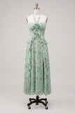 A-Line Sage Halter Neck Ruffled Chiffon Floral Midi Dress with Slit