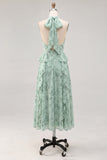A-Line Sage Halter Neck Ruffled Chiffon Floral Midi Dress with Slit