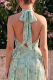 A-Line Sage Halter Neck Ruffled Chiffon Floral Midi Dress with Slit