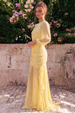 Daffodil Chiffon Mermaid Round Neck Ruffled Ruched Maxi Dress with Long Sleeves