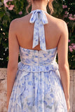 Halter Neck A-Line Blue Flower Chiffon Midi Dress with Ruffles