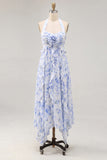 Halter Neck A-Line Blue Flower Chiffon Midi Dress with Ruffles
