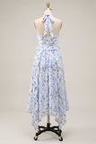 Halter Neck A-Line Blue Flower Chiffon Midi Dress with Ruffles