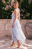 Halter Neck A-Line Blue Flower Chiffon Midi Dress with Ruffles