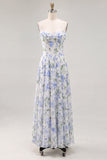 A-Line Blue Flower Chiffon Spaghetti Straps Backless Maxi Dress with Ruffles