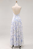 A-Line Blue Flower Chiffon Spaghetti Straps Backless Maxi Dress with Ruffles