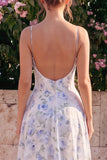A-Line Blue Flower Chiffon Spaghetti Straps Backless Maxi Dress with Ruffles