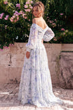 Off the Shoulder Blue Flower Chiffon A-Line Maxi Dress with Long Sleeves