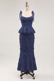 Light Blue Mermaid Corset Bowed Straps Ruffled Midi Dress with 3D Flowers