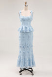 Light Blue Mermaid Corset Bowed Straps Ruffled Midi Dress with 3D Flowers
