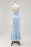Light Blue Mermaid Corset Bowed Straps Ruffled Midi Dress with 3D Flowers