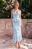 Light Blue Mermaid Corset Bowed Straps Ruffled Midi Dress with 3D Flowers