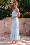 Light Blue Mermaid Corset Bowed Straps Ruffled Midi Dress with 3D Flowers